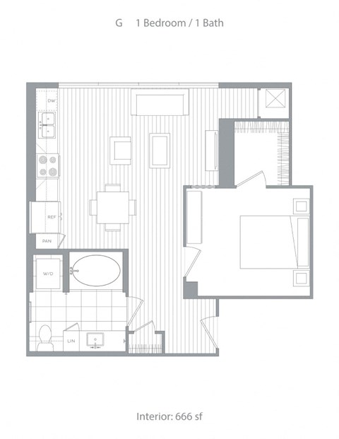 Floor plan for 1 bed, 1 bath, 666 sqft
